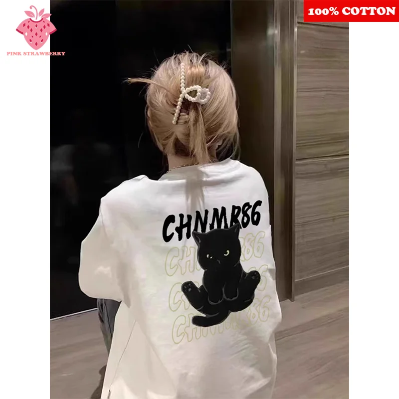 

Cute Cartoon Cat Print T-shirt Women Summer 2025 New 100% Cotton Round Neck Short sleeve White Tee Loose Y2k Top Female clothes