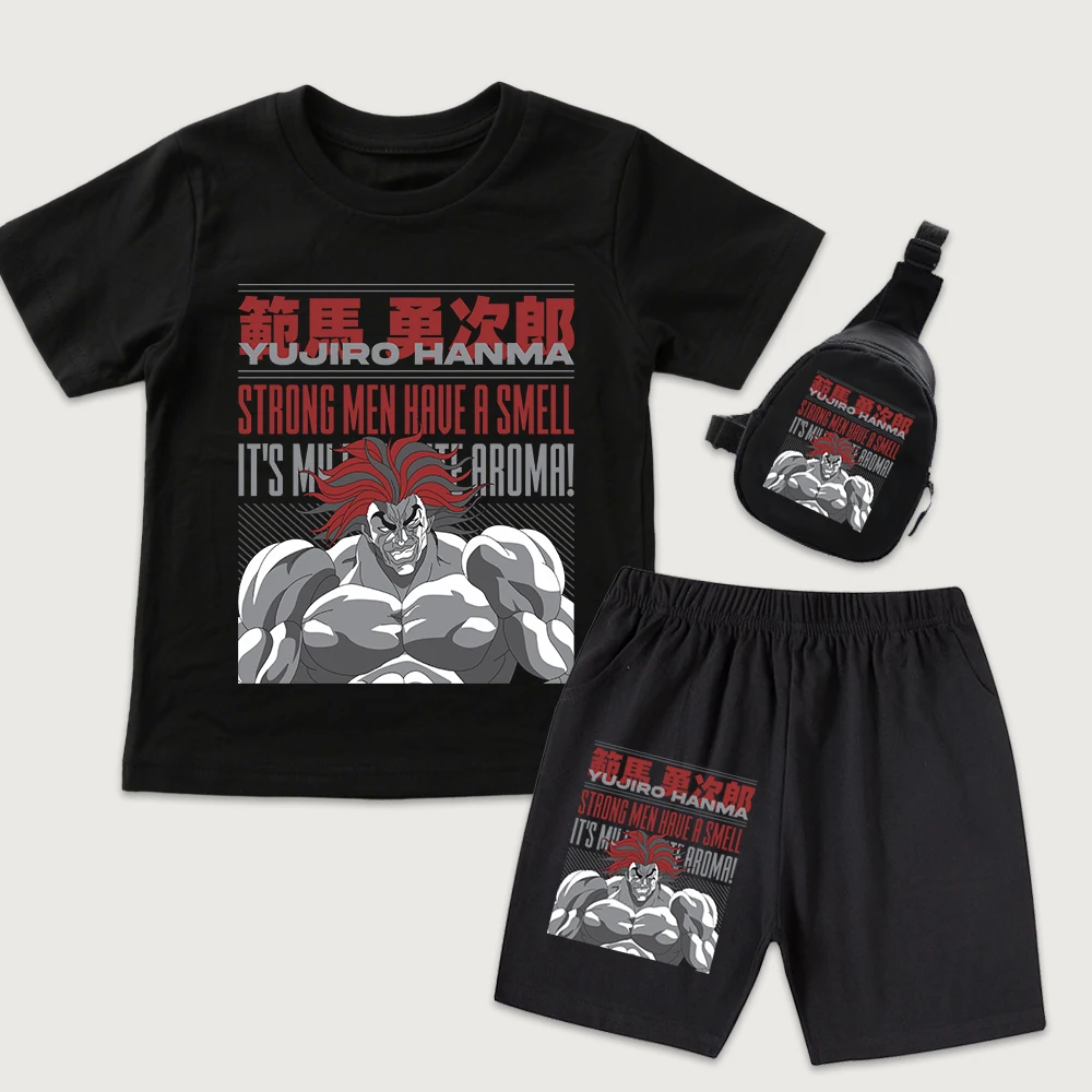 Baki Yujiro Hanma Anime Print Kids Cotton T Shirt Shorts Mini Chest Bag 3 Piece Set for Boys Girls Casual Summer Outfit