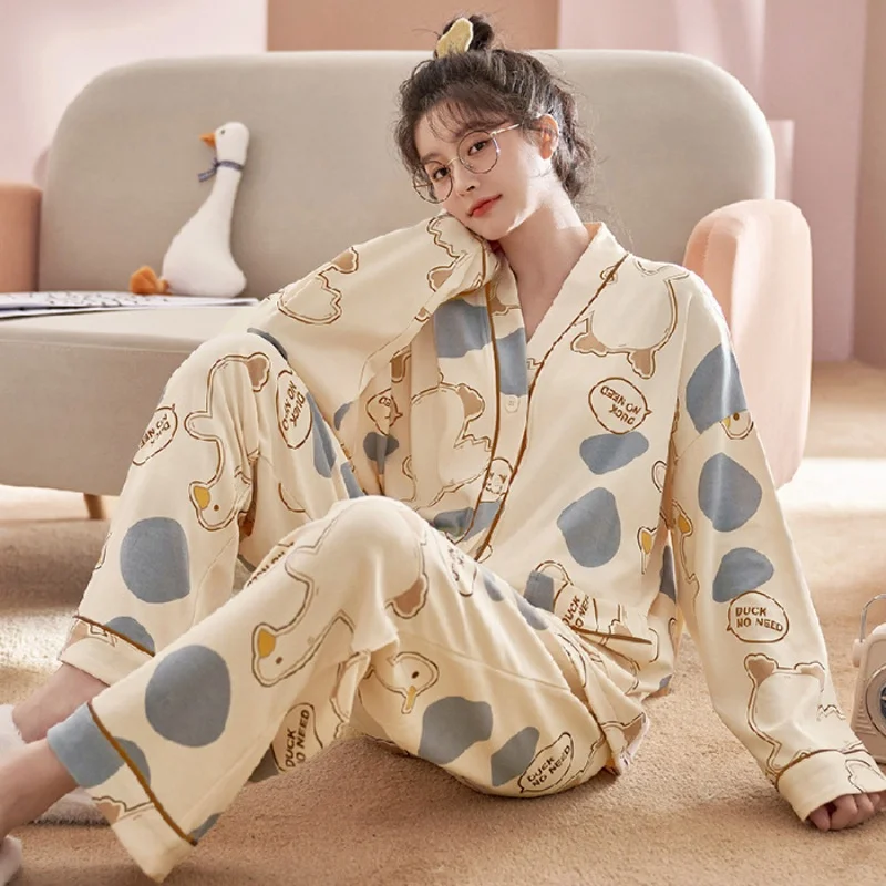 Spring and Autumn Women\'s Pajamas Homewear Two-Piece New Loose Leisure Autumn and Winter Girls Homewear Long Sleeves Long Pants