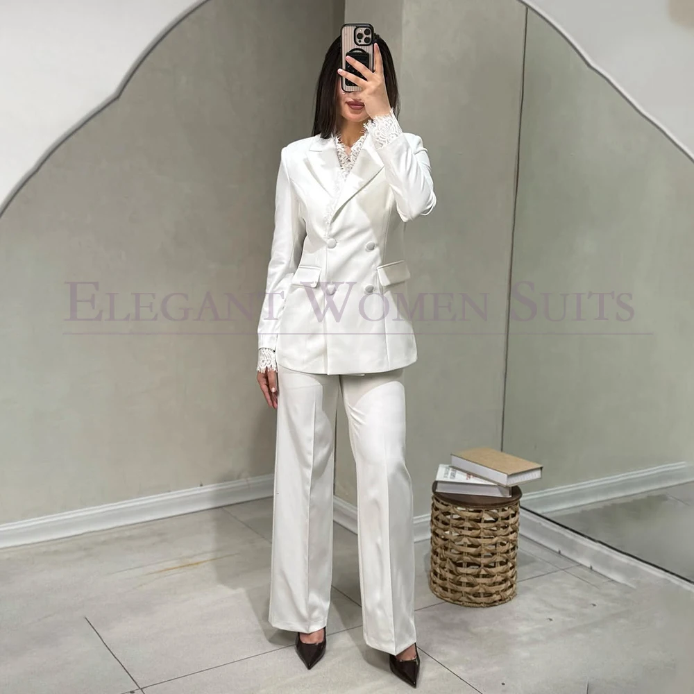 

Elegant White Women's Suits Fashion Office Lady Straight Blazer High Quality Regular Fit 2 Piece Jacket Pants Sets