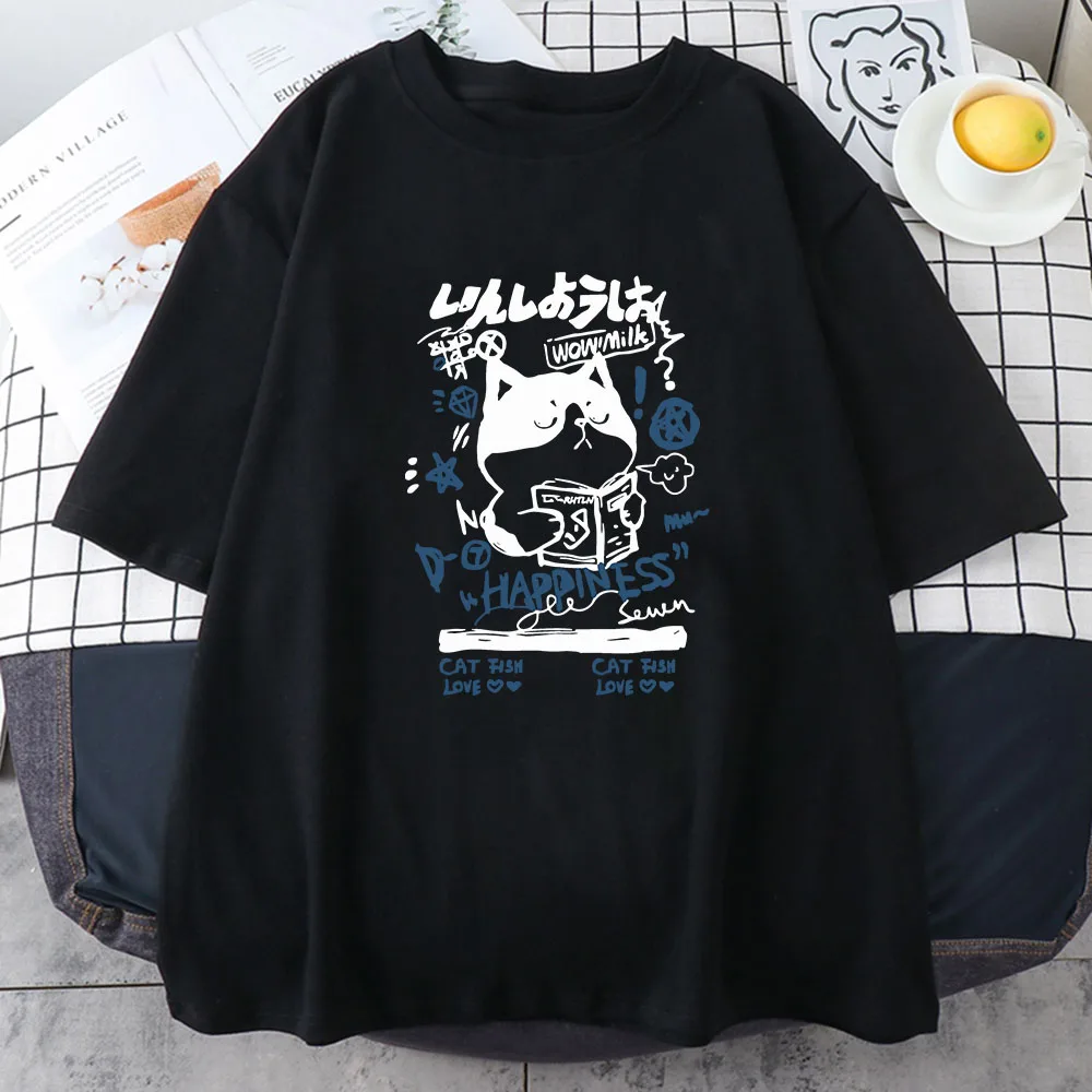 Japanese Kanji Cat Girls T-shirt Women Short Sleeve Cotton Tee-shirt O-neck Kawaii Graphic Printing Tees Streetwear Female Shirt