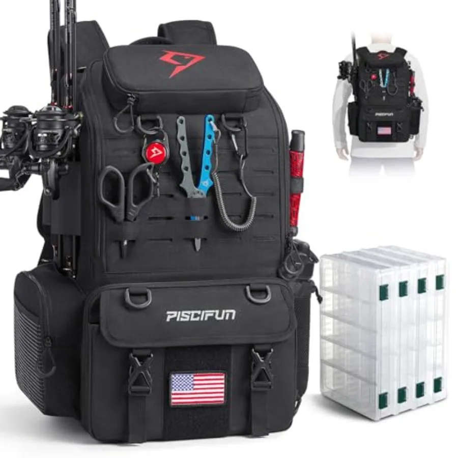 

Piscifun 52L Fishing Tackle Backpack with Rod Holders 4 Tackle Boxes Large Tackle Bag for Gear Storage with Rain Cover