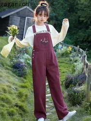 Gagarich Women Pants Autumn Winter New Style Fresh Sweet Embroidery Vintage Denim Japanese Loose Wide Leg Overalls