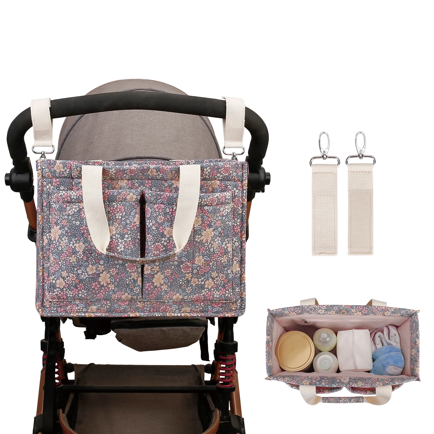 Portable messenger bag multiple pockets and adjustable shoulder strap diaper bag, floral diaper handbag with cart hook