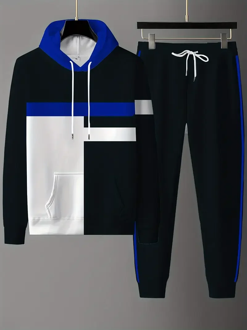 

2-piece Color Block Men's Casual Tracksuit Set Casual Long Sleeve Drawstring Hoodie+ Jogging Pants Set Gym Running Outdoor Suits