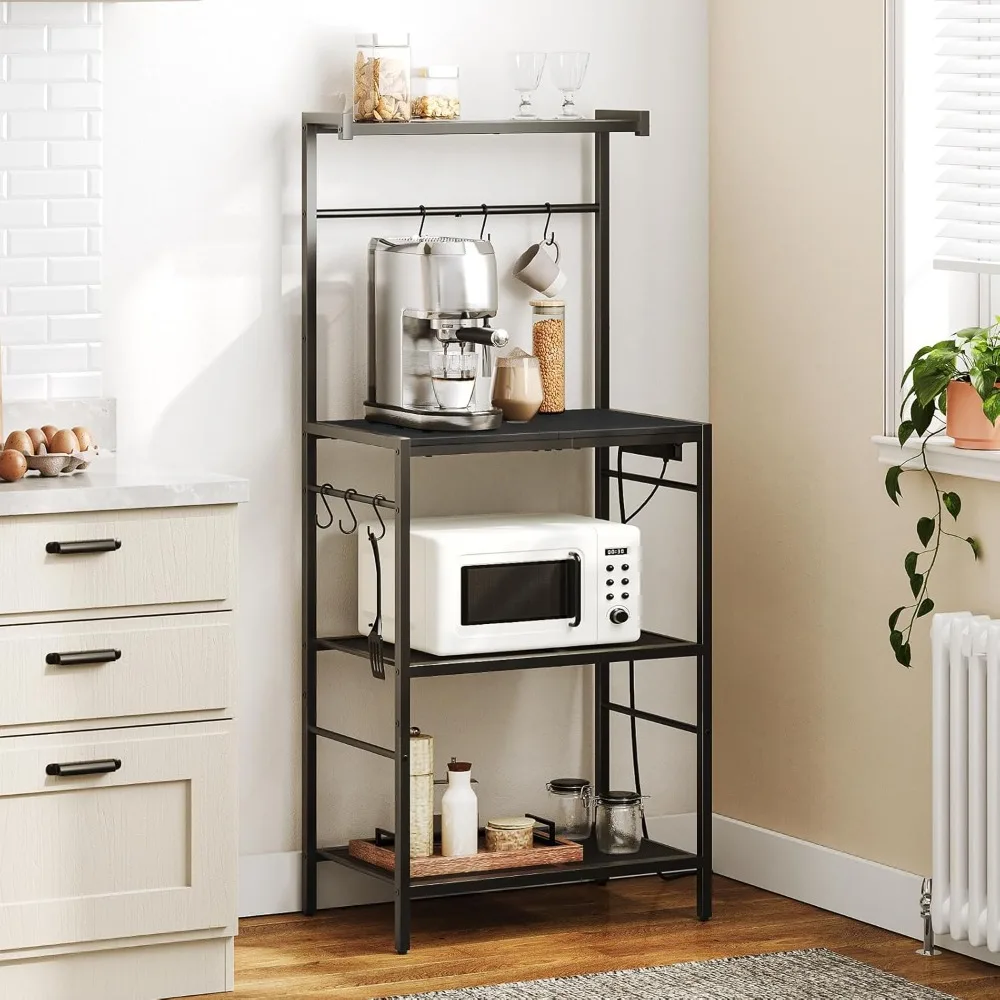 Bakers Rack with Power Outlet, Kitchen Storage Shelf with 6 Hooks, Microwave Stand with Storage, 4-Tier Coffee Bar Station, for