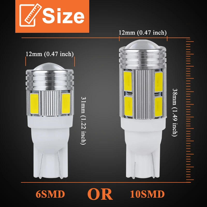 2 PCS T10 W5W LED Signal Bulbs 12V 5630-6/10SMD 7000K White Car Interior Dome Reading Map Door Courtesy License Plate Lights