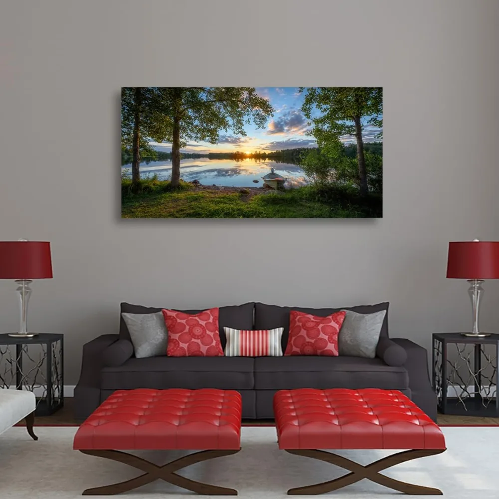 Tree Canvas Wall Art of a Sunrise Over a Forest Lake 28x57 inches Nature Inspired Painting Perfect for Wall Decoration