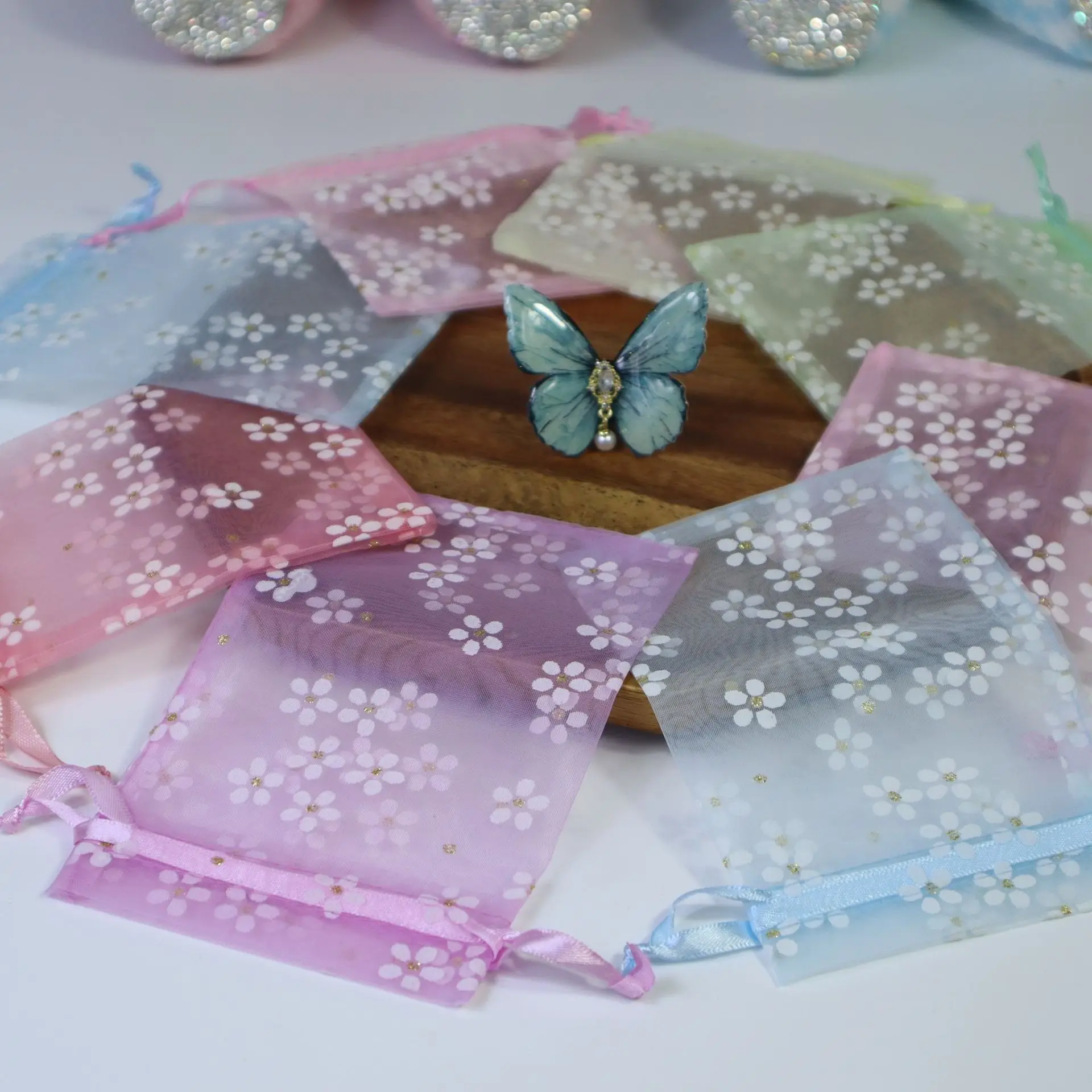 7x9/9x12/10x15/13x18cm Flower Printing Organza Bags Wedding Jewelry Bag Party Candy Packaging Drawstring Pouches Gift Bag view 4