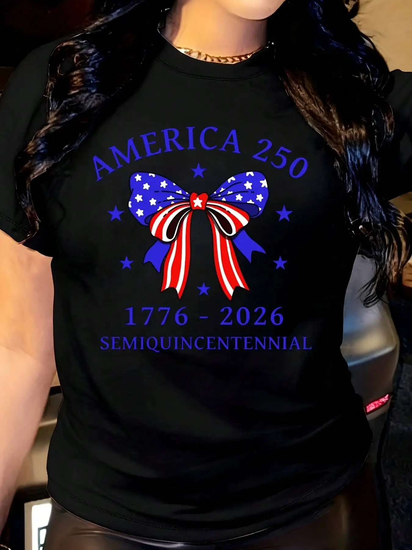 Women's Patriotic T-Shirt with Bow Flag Print round Neck Casual Daily Wear Soft Comfortable for Holiday Celebration And Outdoor All Season