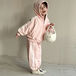 2025 Spring Sweet Sets For Girls 1-8y Girl's Cute Suits Tracksuit Baby Long Sleeves Hooded Pullover Toddler Fleece Casual Hoodie