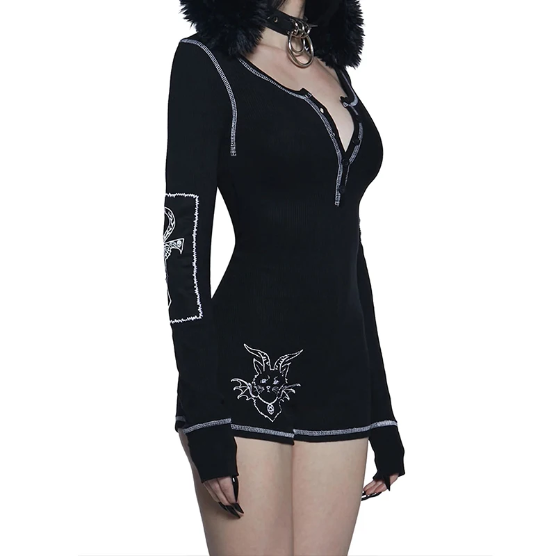 النمط الأوروبي والأمريكي تصميم خط عيد الفصح بأكمام طويلة ورقبة على شكل حرف v بذلة Y2k القوطية طباعة فاسق مثير فتاة حار Harajuku