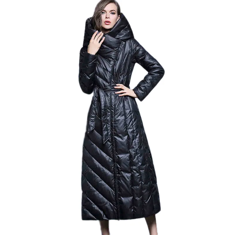 الفاخرة عالية الجودة أسفل سترة الإفراط في الركبة سترة منفوخة معطف شتاء دافئ المرأة الأبيض بطة أسفل معطف سليم مبطن حزام #4