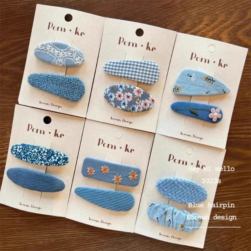 

2pcs/set Korean Blue Floral BB Hair Clips for Kids Girls Denim Plaid Embroidery Pins Cute Infant Hair Clips for Baby Toddler