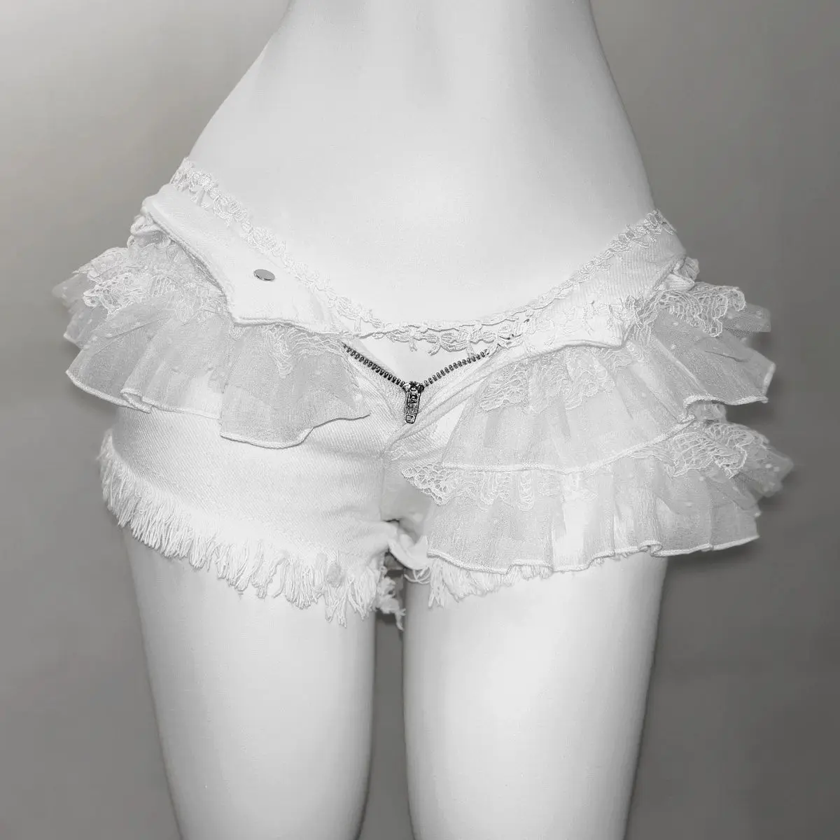 Three-dimensional Decorative Lace Strap Burr Denim Hot Pants Spice Girl Sexy Super Shorts Women