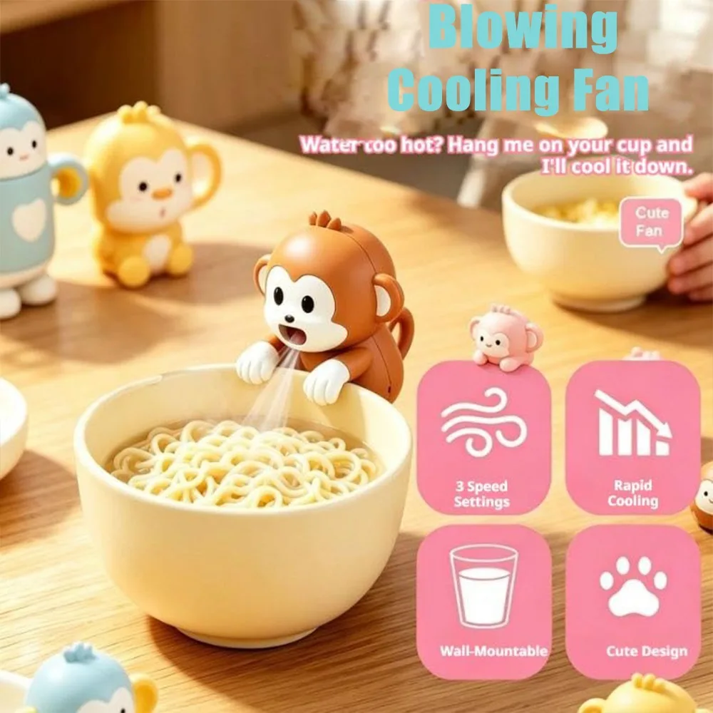 Dog Monkey Shape Mini Blow Fan 3 Speeds Long Battery Detachable Cartoon Desk Ornament for Office Travel Kids