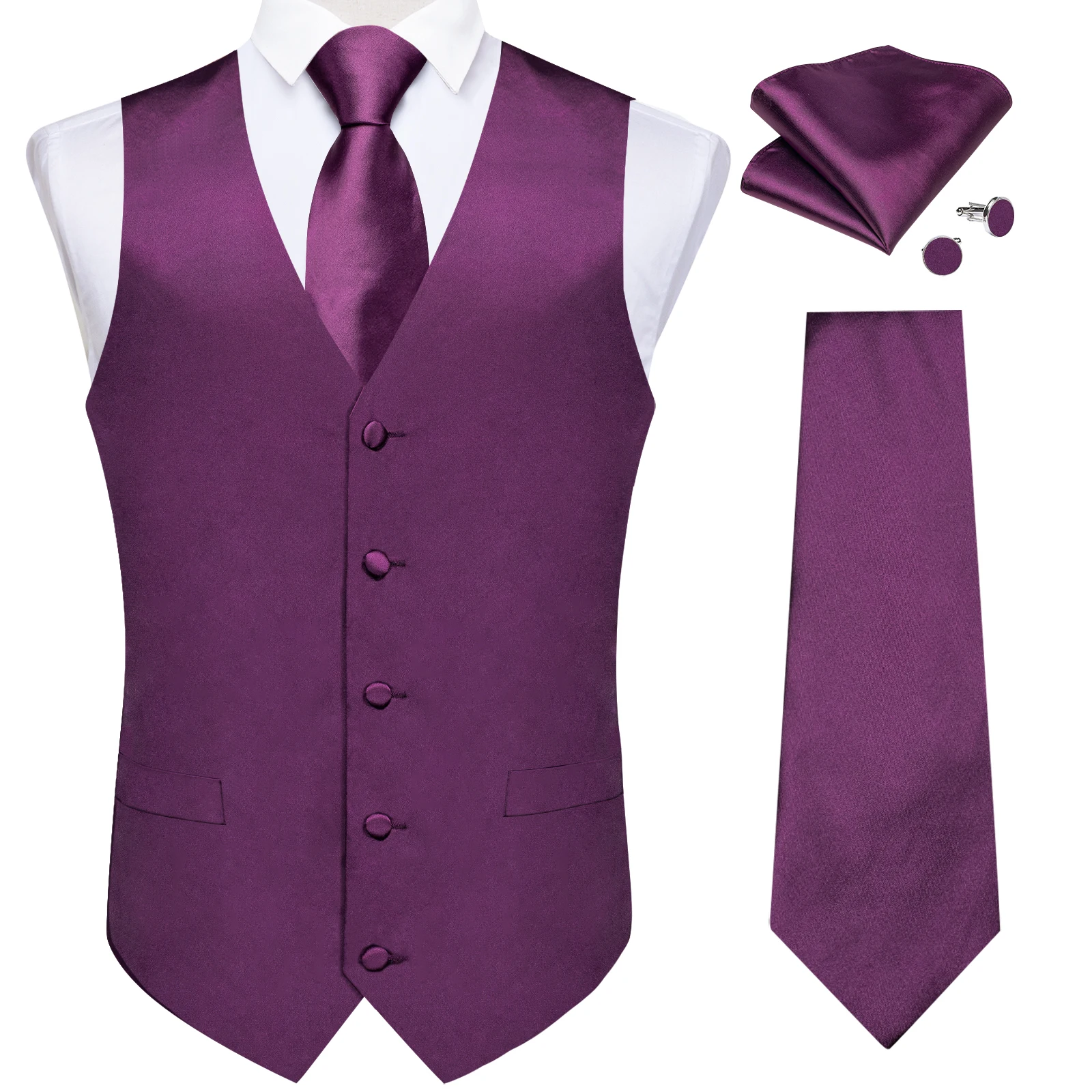 Satin Purple Solid Men\'s Vest Necktie Pocket Square Cufflinks Set Sleeveless Waistcoat for Wedding Business chaleco hombre Gifts