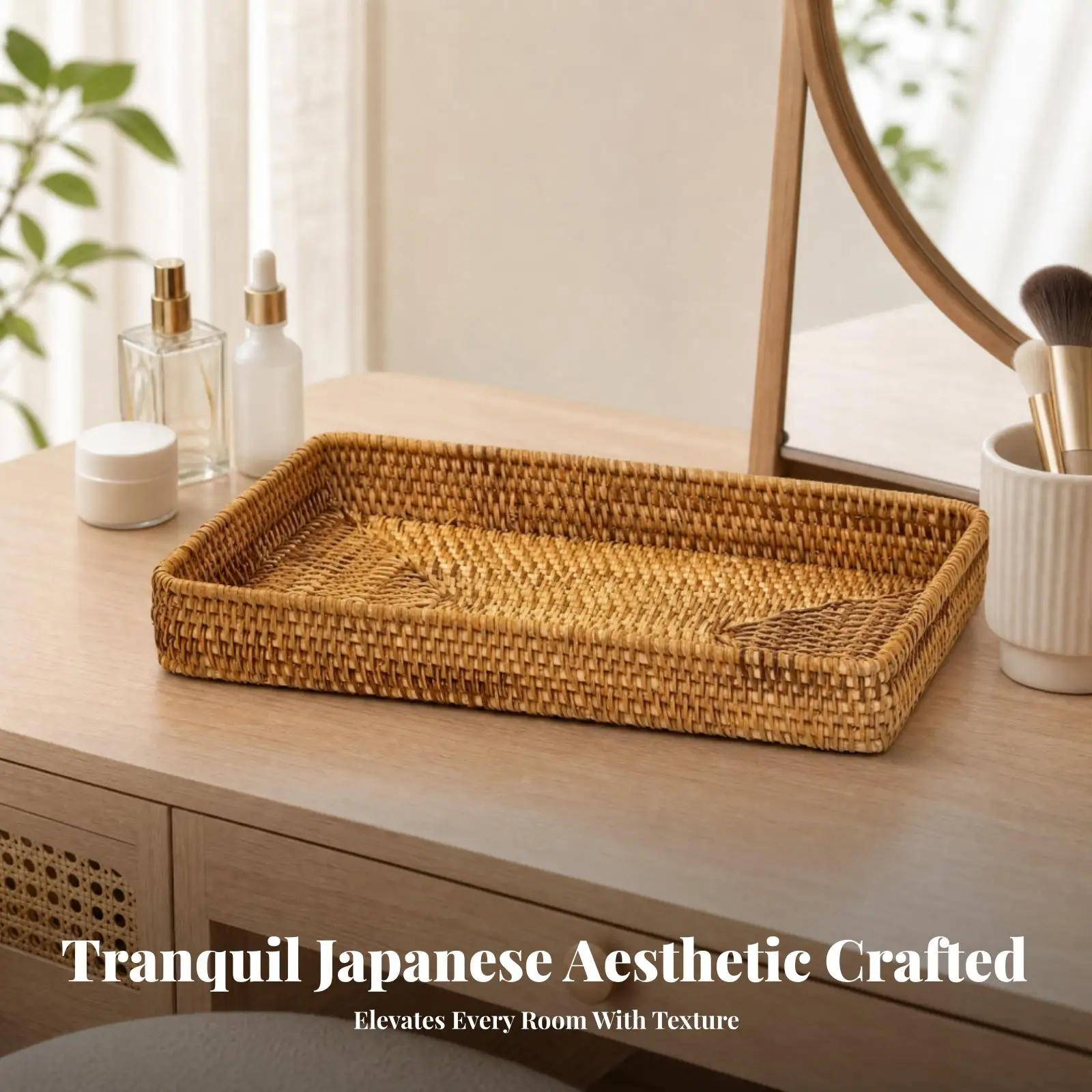 Rectangular Woven Rattan-Style Storage Tray Versatile Open-Top Woven Tray with Raised Sides Versatile for Dressing Table,