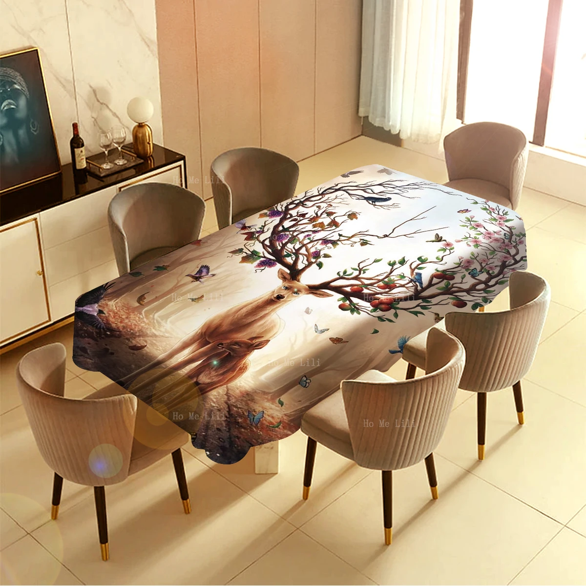 Forest Animal Seasons Art Deer With Blossoming Antlers Tree Dream Fantasy Magic Elk Abstract Rectangular Tablecloth