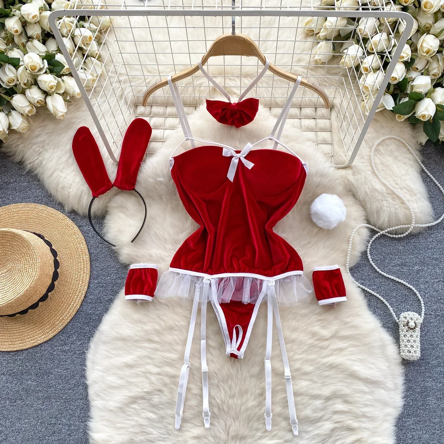 

Design Sexy Bunny Uniform Sweet Cute Strap Jumpsuit Bow Mesh Hollowed Women's Pajamas Eronic Lingerie Skinny Catsuit Nightwear