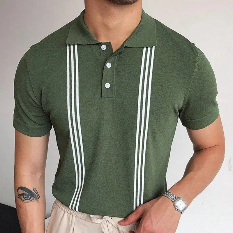 Summer Clothing Men\'s Luxury Knitted Short Sleeve Polo Shirt Retro Lapel Button-down Patchwork Fashion Business Leisure Knitwear