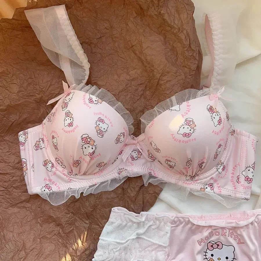 Sanrio ensemble de soutien-gorge Hello Kitty Kawaii sous-vêtements doux culottes ensemble de soutien-gorge soutien-gorge push-up sous-vêtements comiques Sexy pur désir soutien-gorge fille cadeau