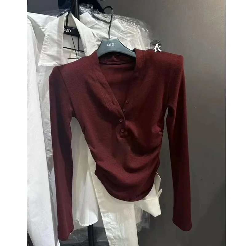 

Retro American Style Long Sleeve Button up V Neck T Shirt Women's Casual Versatile Fall Fashion Sexy Korean Version Top