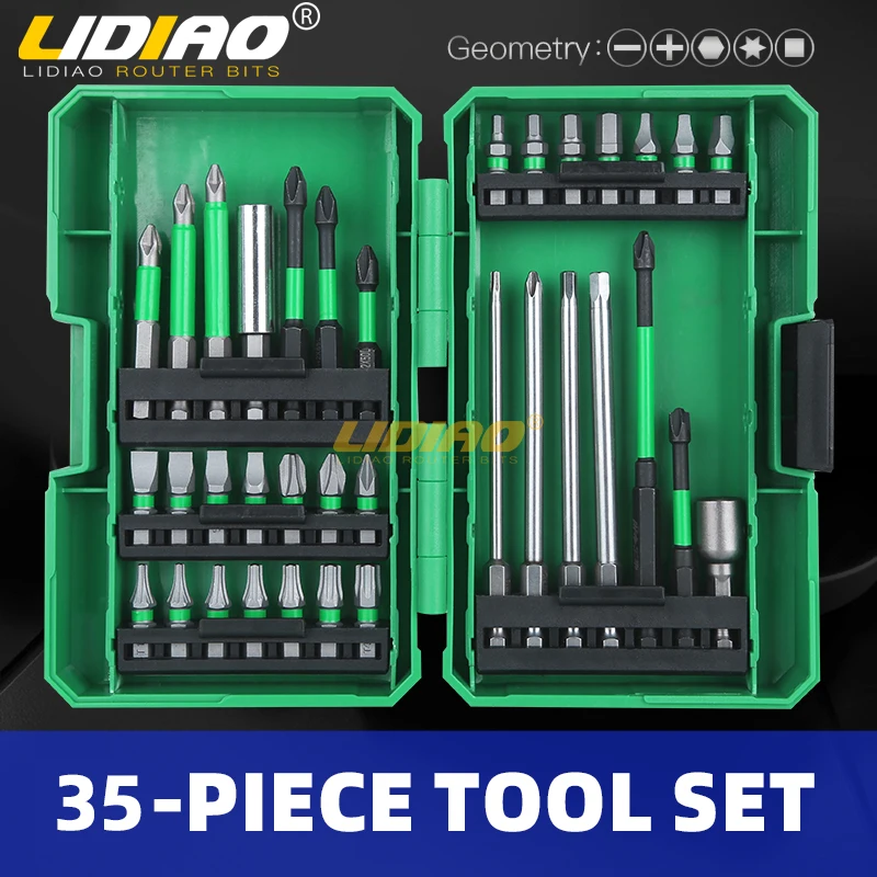 LIDIAO Set mata bor 35/39 buah, Set obeng Hex Driver magnetik untuk kayu logam PH1 dengan kotak