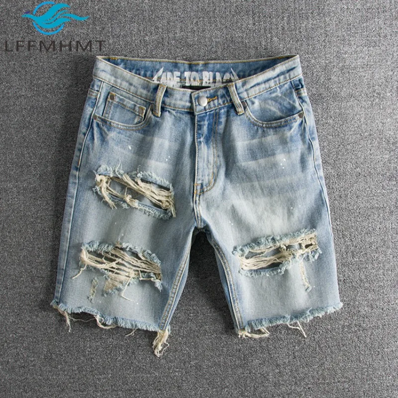 Men's Summer Fashion Ripped Hole Vintage Shorts Good Quality Sparks Print Loose Casual Half Length Streetwear Denim Pants
