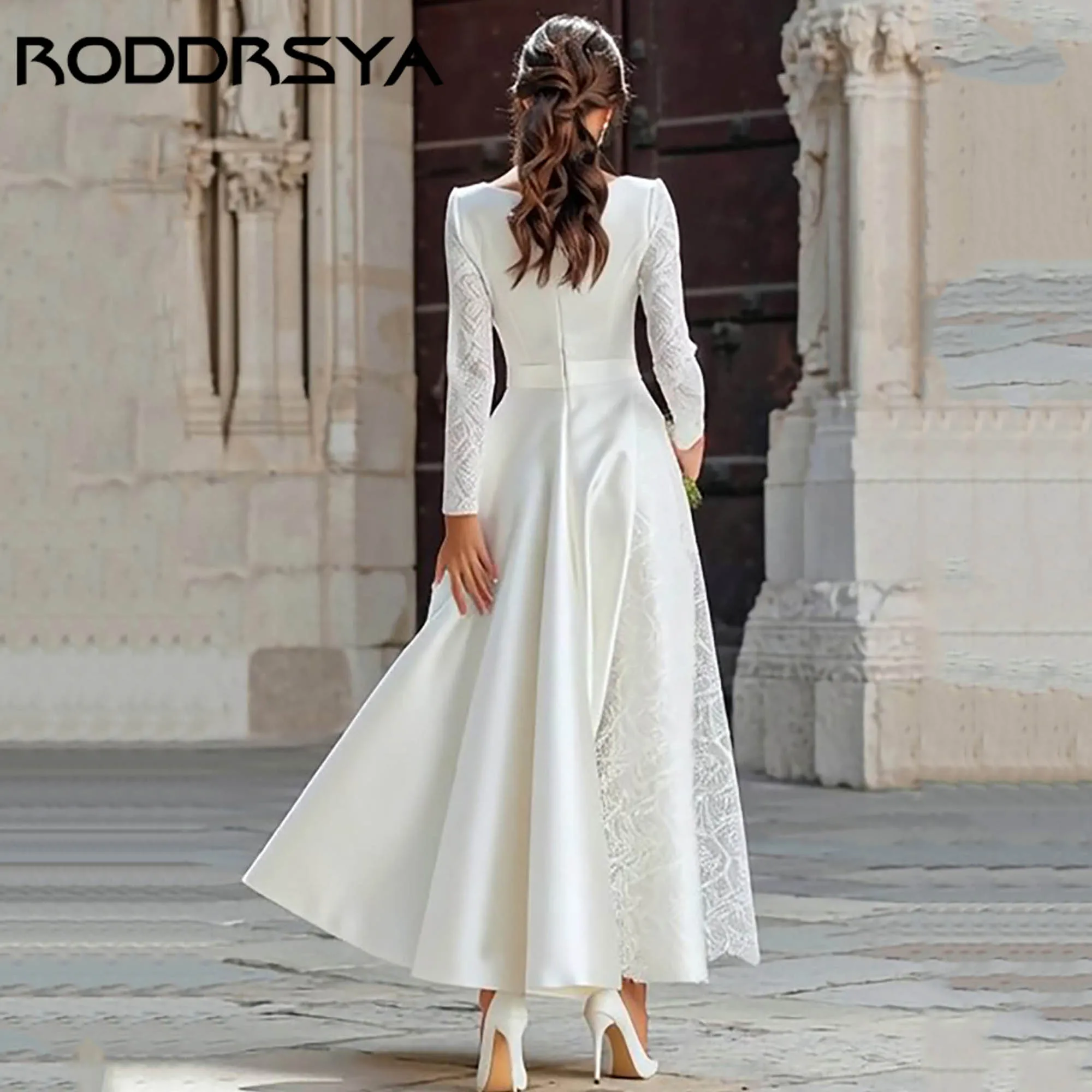 RODDRSYA Long Sleeve Satin A Line Engagement Dress With Lace Classic Tea-Length Bridal Gowns O-neck vestidos de novia Customized