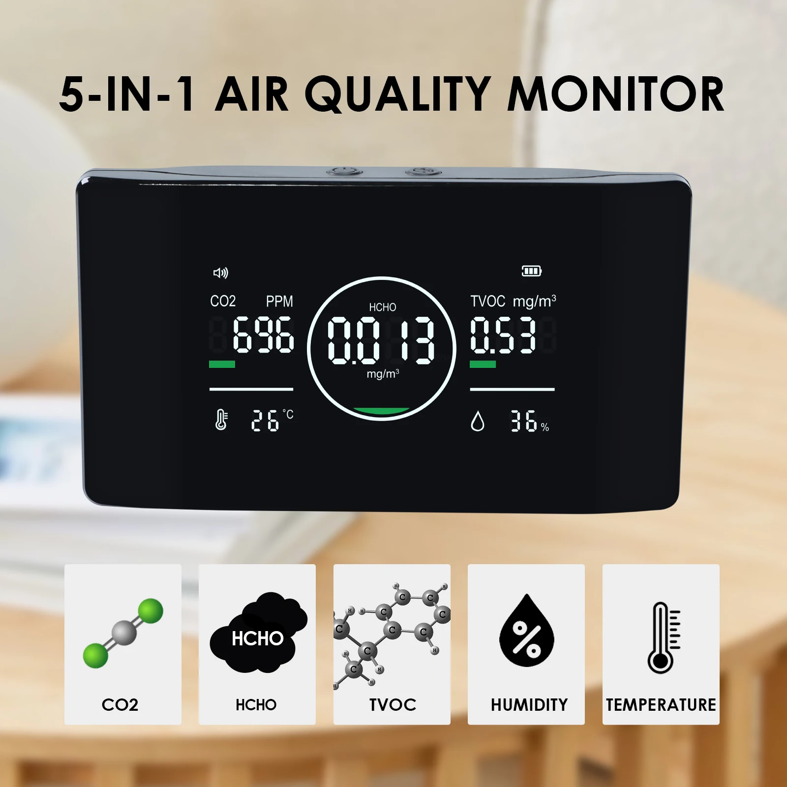 Professional 5 in 1 Air Quality CO2 Monitor HCHO TVOC Humidity and Temperature Meter NDIR Sensor for Home RV Grow Tents Factory