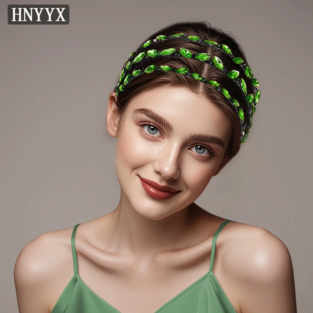 HNYYX Green Three Drainage Rhinestone Hair Hoop Fashion Luxury Headband Fashion Wedding Festival High End Hair Accessories A133