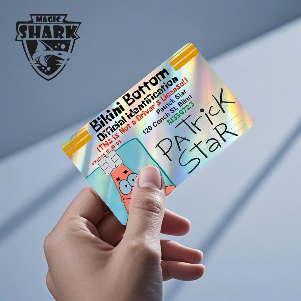 Magic Shark 2026 Nuovo arrivo Divertente simpatico cartone animato adesivo olografico pellicola laser pelle lucida per carta di credito di debito