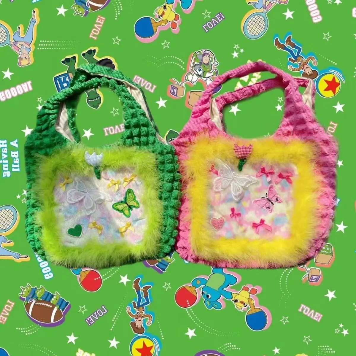 Bolsa de ombro flor de pelúcia bonito para meninas, rosa, verde, limite, cabeça girando, taxa para cima, beleza, colorido, quente, Kid Bag, inverno