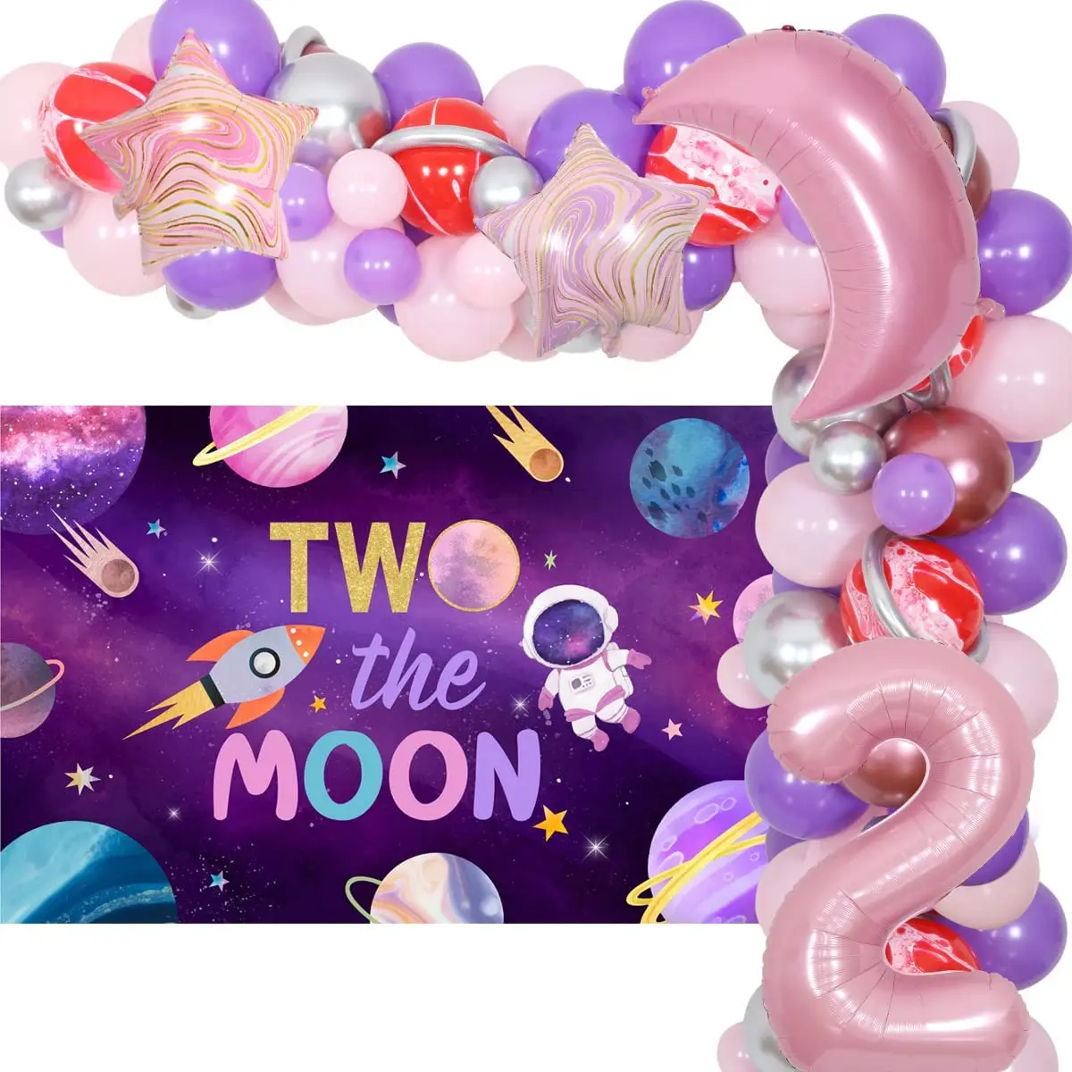 

Cheereveal Two The Moon Balloon Garland Kit Outer Space Theme Girl 2nd Birthday Party Decorations with Two The Moon Backdrop