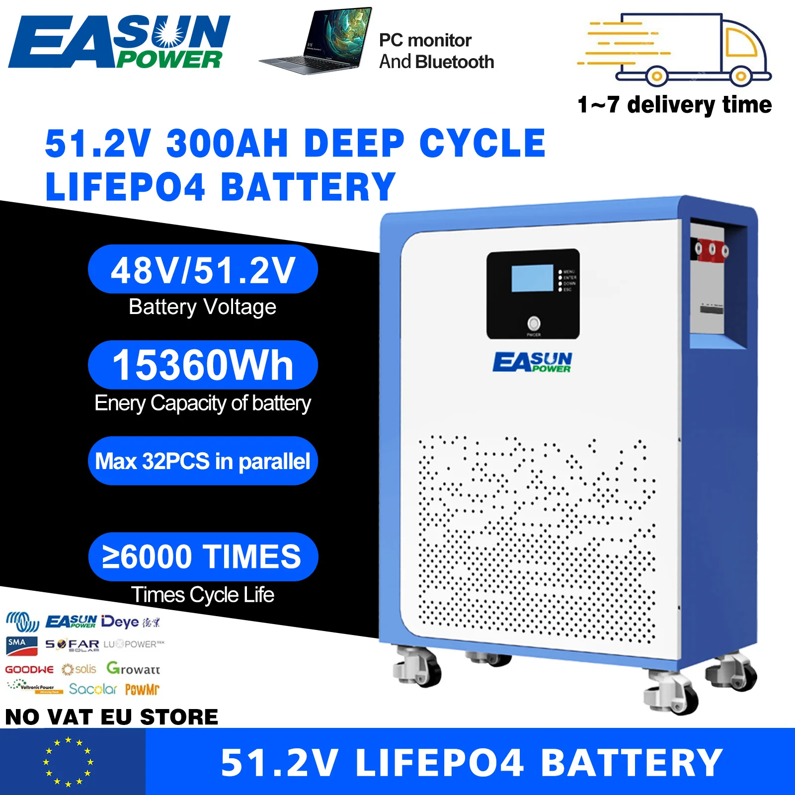 EASUN 48 V 100 Ah 200 Ah 300 Ah 15 kWh LiFePO4-Akku Bluetooth 16S BMS-Räder 6000 + Zyklus 51,2 V Lithium-Akku