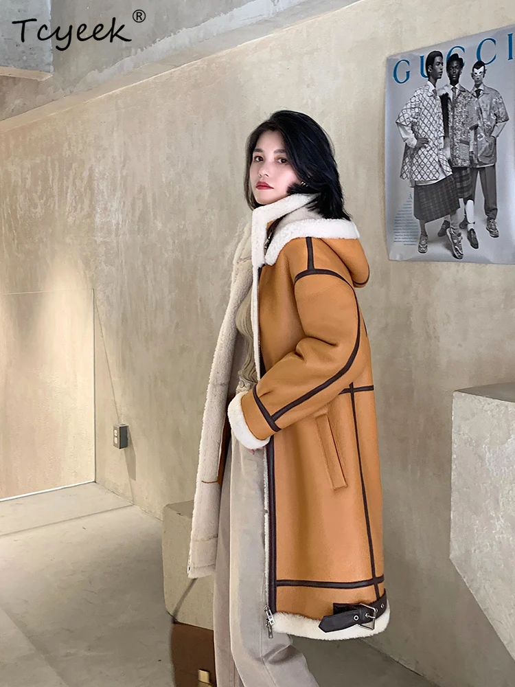 Tcyeek ウール 秋冬 ハイエンド トレンド フード付き 無地 ミディアム丈 レディース ウール シアリング ファーコート ファー レディース