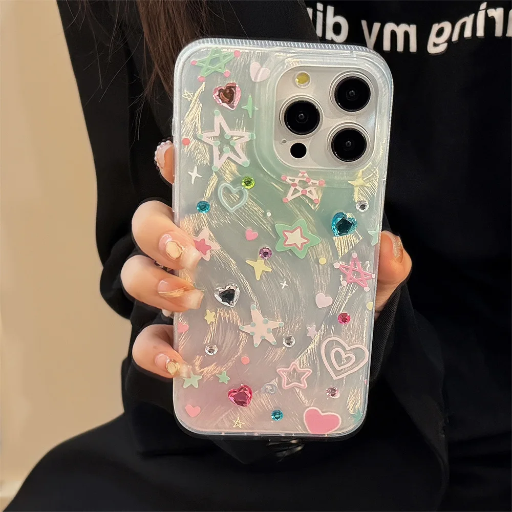 Colorful stars ins shiny blingbling shockproof phone case for iphone 11 13 promax 15 plus 12 14 16 pro max cartoon cute cover