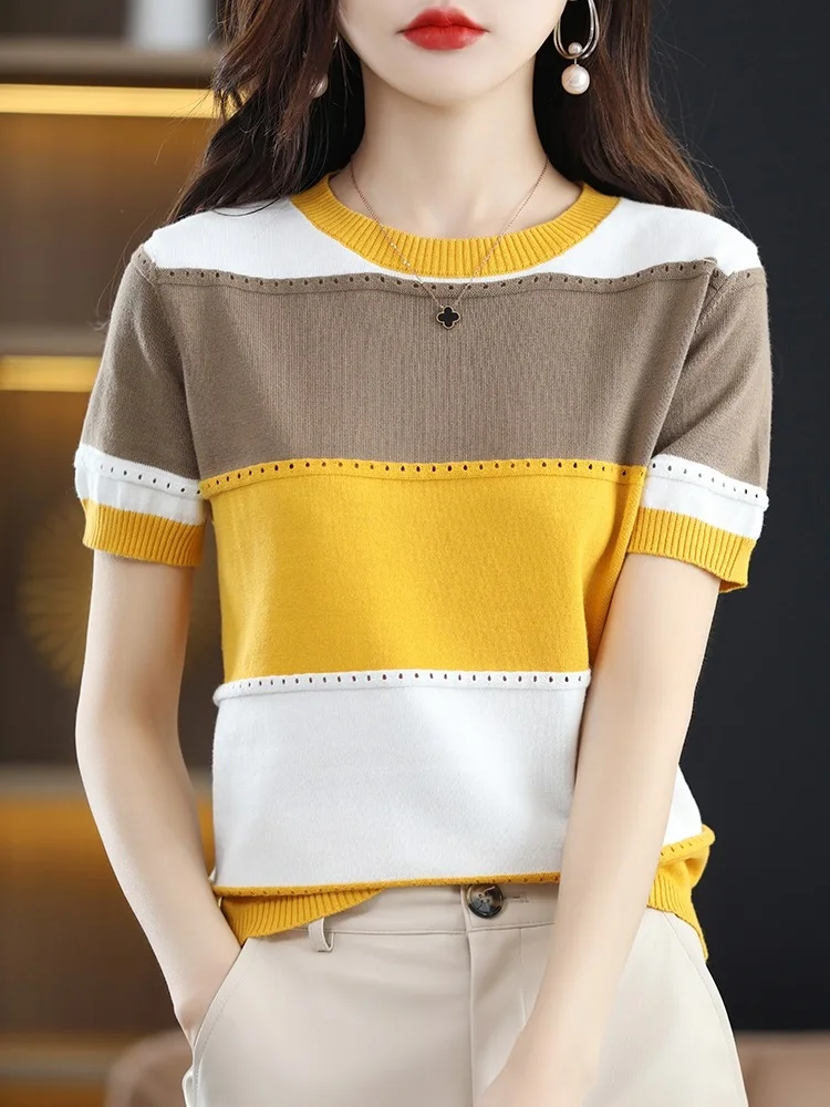 TuangBiang 2023 Eyelet Biue Pink Striped Cotton Knitting T-Shirts Hollow Out Women Short Sleeve Pullovers Elastic Patchwork Tops