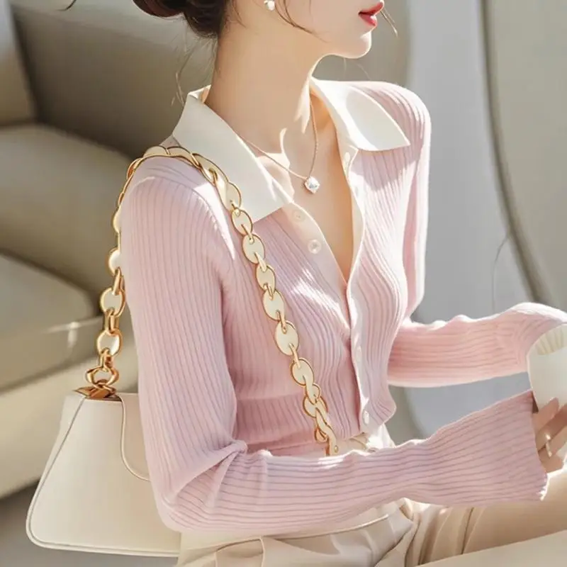 

Pink Texture Knitted Cardigan Women's Slim Fit Base Layer Top Faionable Autumn New Sle Small Fraance Sle