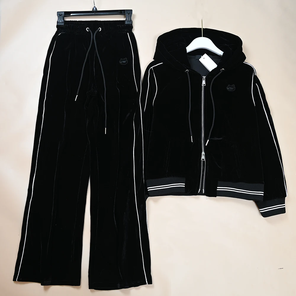 Velvet Hooded Open Cardigan Sweatshirt Pants Set for Women Color Block Winter Fashion Outfit mid Thickness Long Sleeve Zipper