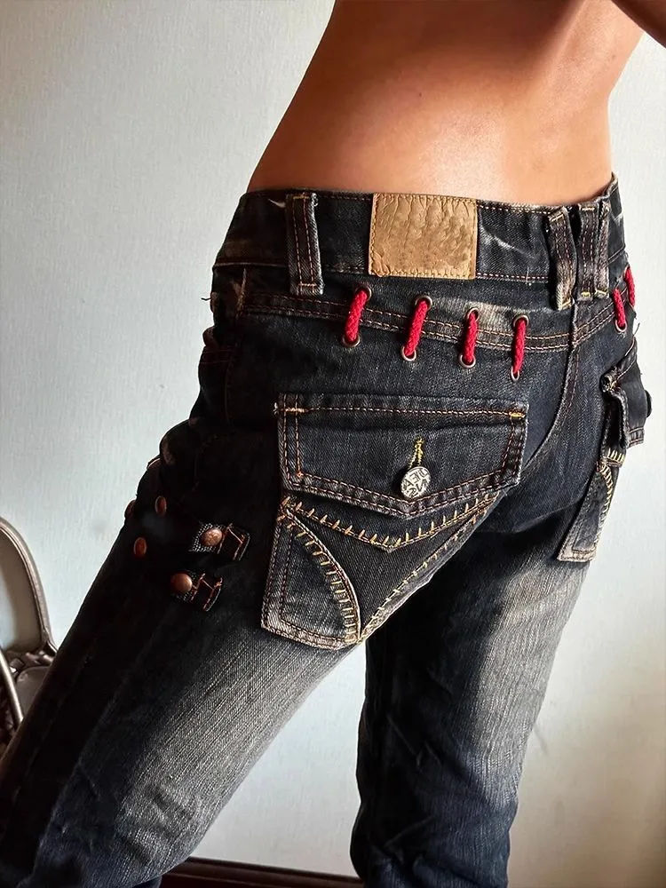 

Gothic Womens Jeans Vintage Low Rise Jeans Women Retro Y2k Straight Trousers Moto Biker Jeans for Women Denim Pants