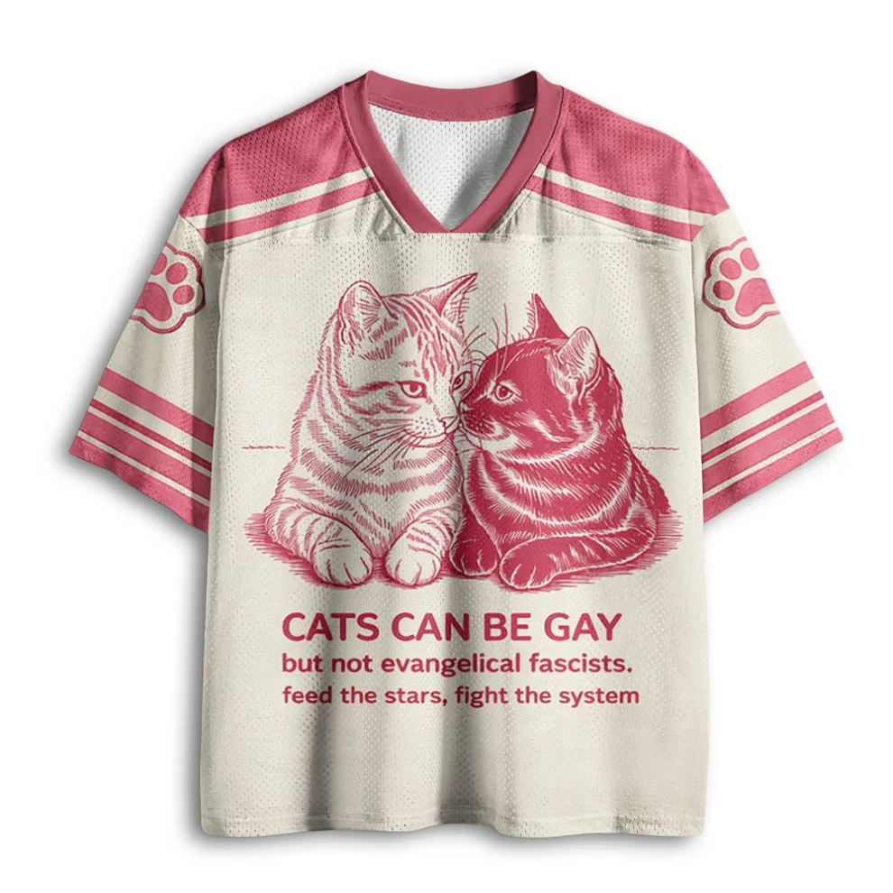 Support Equality Theme Two Kitten Drawing Mesh Short Sleeve Jersey Back Large Number Letter Print Paw Cuff Unisex Casual Top
