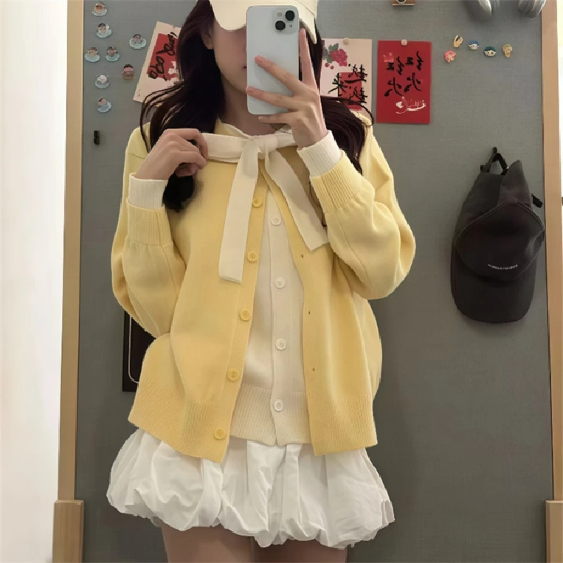 

High-End Fake Two-Piece Knitted Sweater Cardigan Autumn Winter College Sle Long Sve round Ne Regular Length Women's Coat
