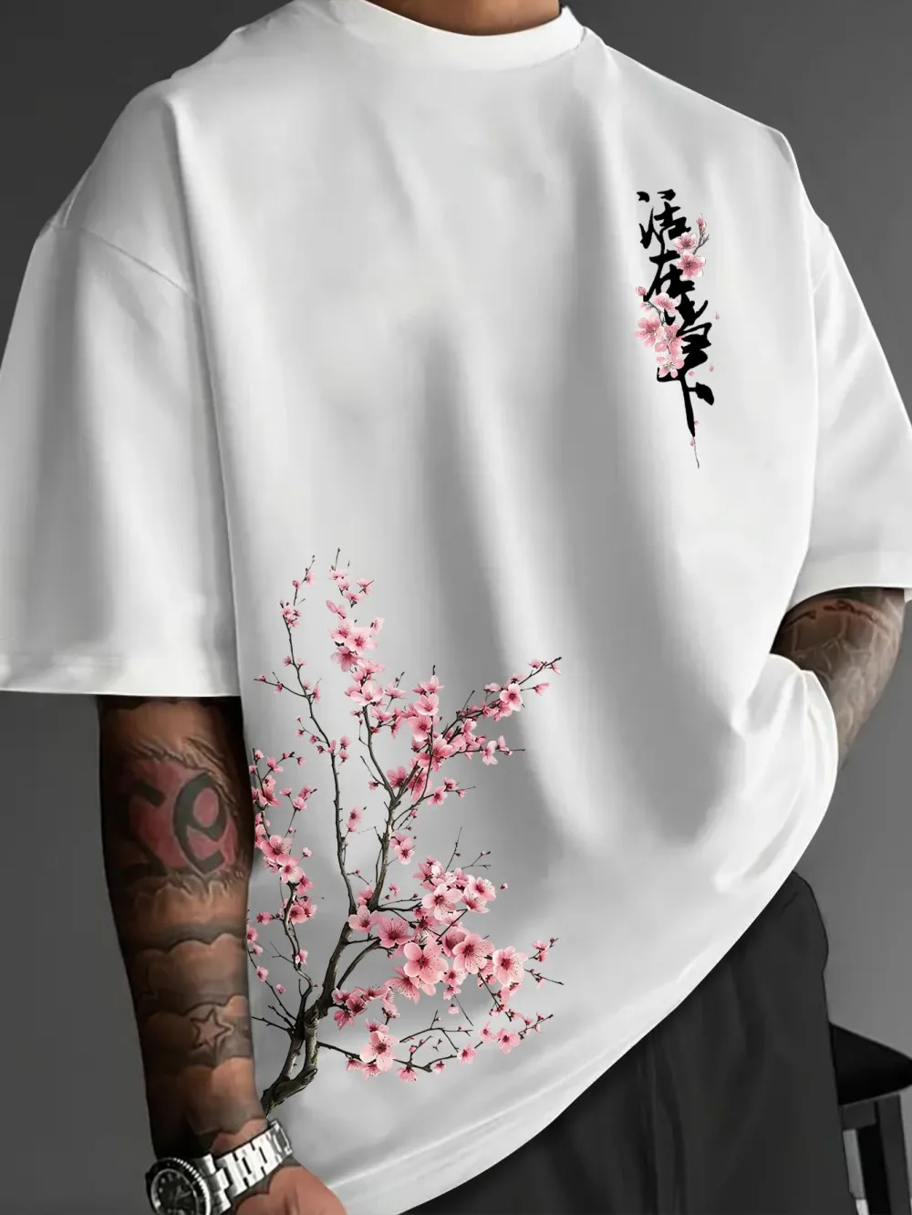 Hot selling fashion new men's summer cherry blossom letter print micro elastic breathable round neck T-shirt outdoor street top