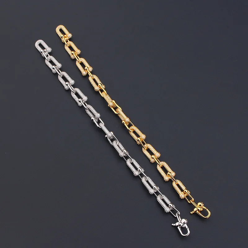 Europe America Classic Simple Style Men Women Lady Plated Gold Color Inlay Cubic Zircon U Shape Chain Bracelet 2 Color