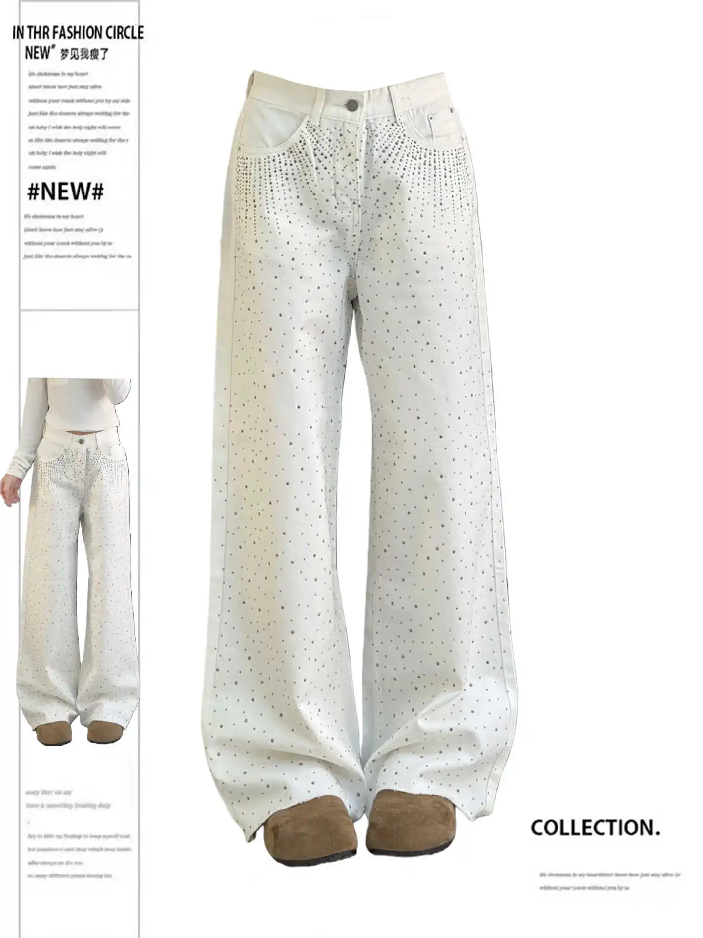 Women's Baggy Jean American Retro Rhinestone Designer Denim Pants Y2K High Street Wide Fit Cowboy Japanese Harajuku Long Trouser