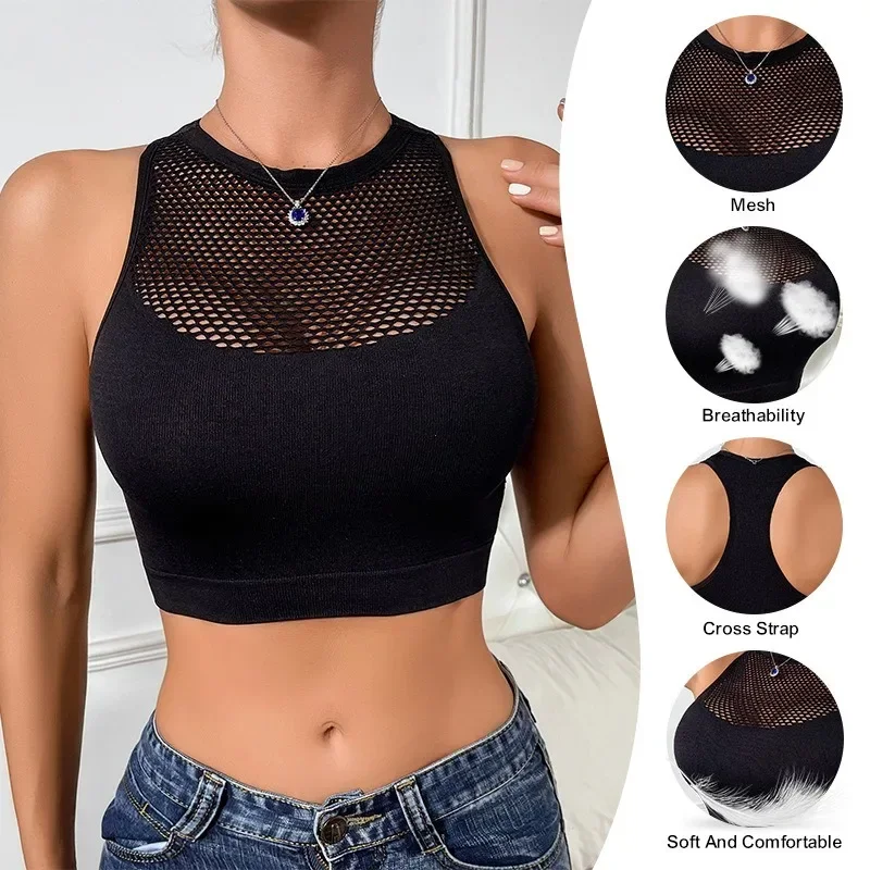 Women Sexy Tank Tops Fishnet Hollow Out Sports Off Shoulder Crop Top Female Outwear Stretch Comfortable Casual Tanks Chic Vest