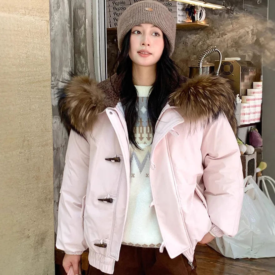 PinkIsBlack Horn Buckle Big Fur Hooded Winter Cotton Padded Jacket Coat Women Parkas Thick Clothes Female Short Casual Outerwear