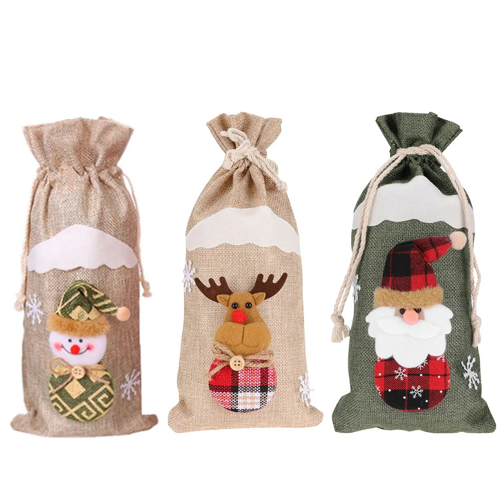 

3 pcs Cover Christmas Decorations Linen Reusable Party Xmas Bottle Bag Holder Xmas Bottle Cover Beverage Bag